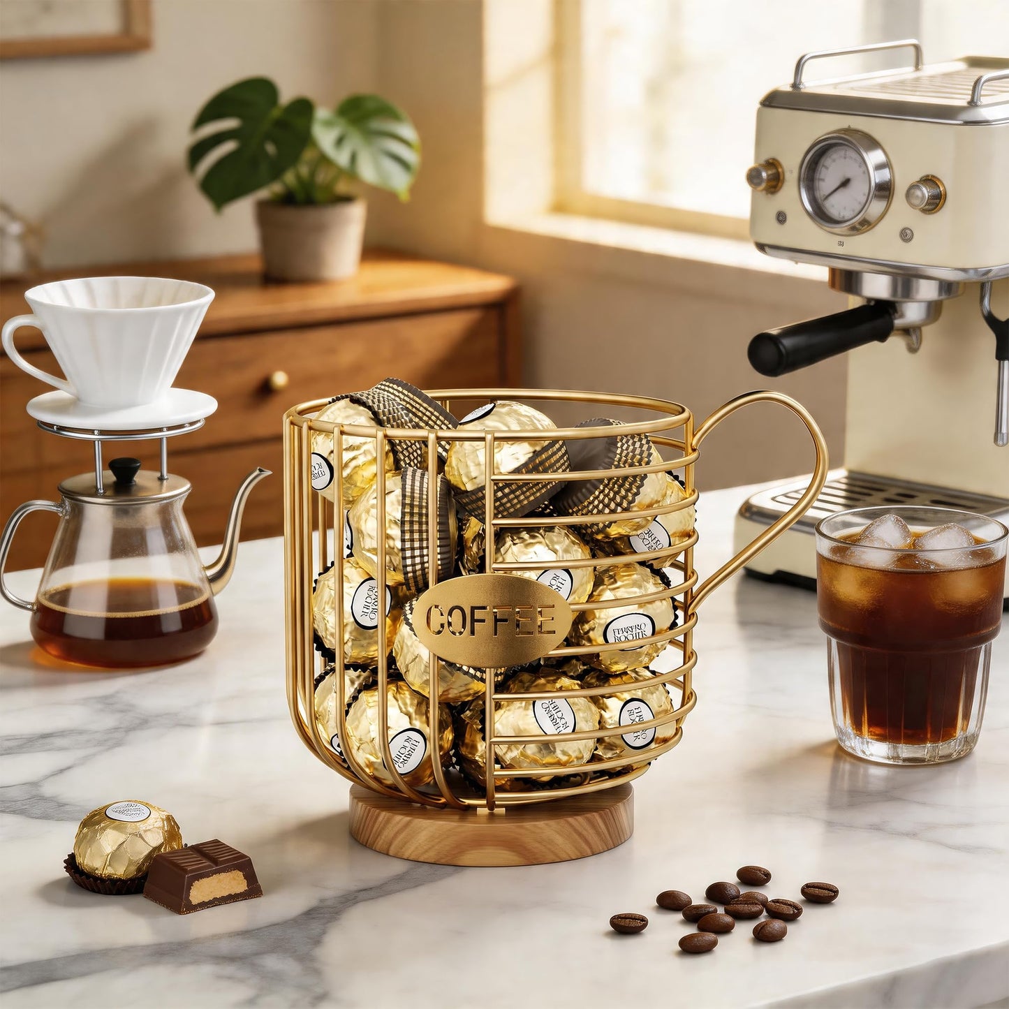 Coffee Pod Holder, 45+ Large Capacity Wire K Cup Storage Organizer with Solid Wood Base, Anti-Slip Coffee Capsule Holder for Kitchen Bar Counter, Compatible with K-Cups/Nespresso Espresso Capsules