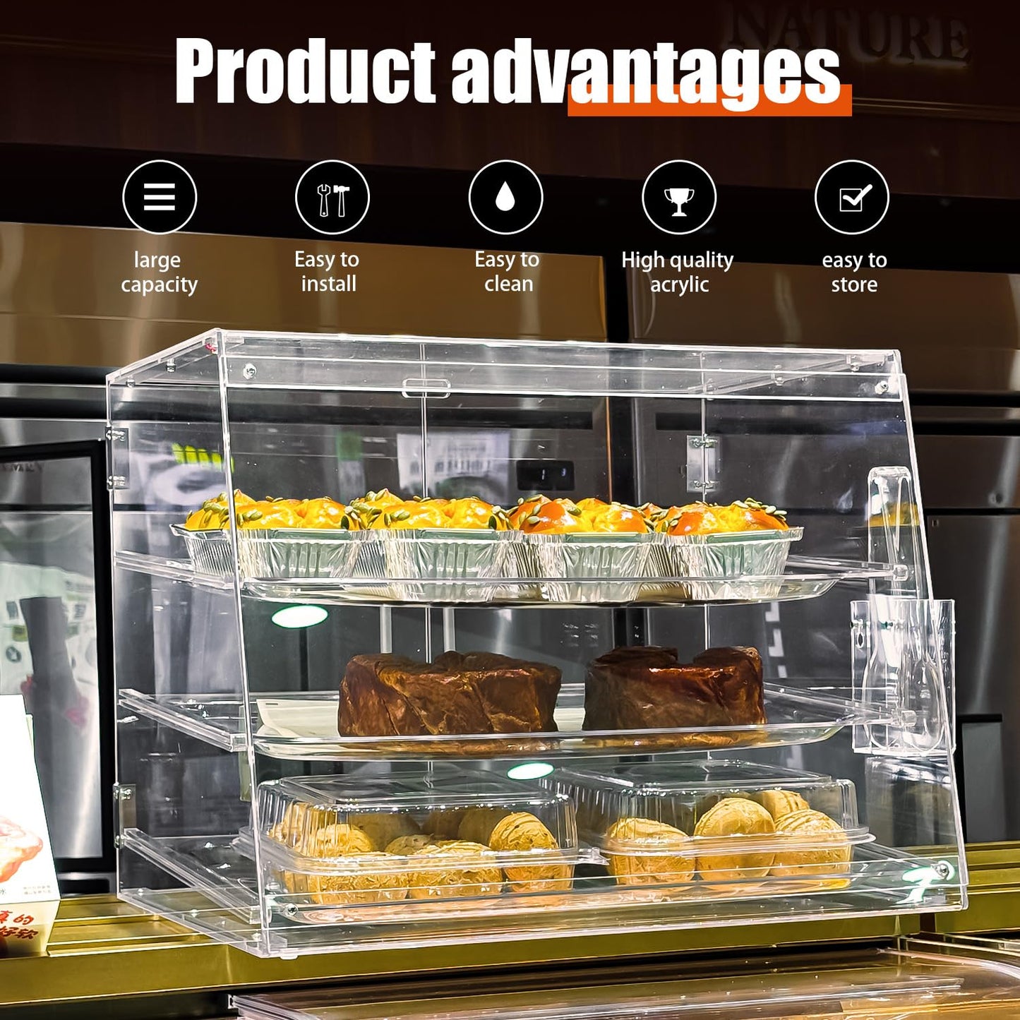 2PCS 3-Tier Commercial Countertop Bakery Display Case with Rear Doors, 20.9 x 17.3 x 16.7 inches, Clear Countertop Cabinet for Pastries and Desserts