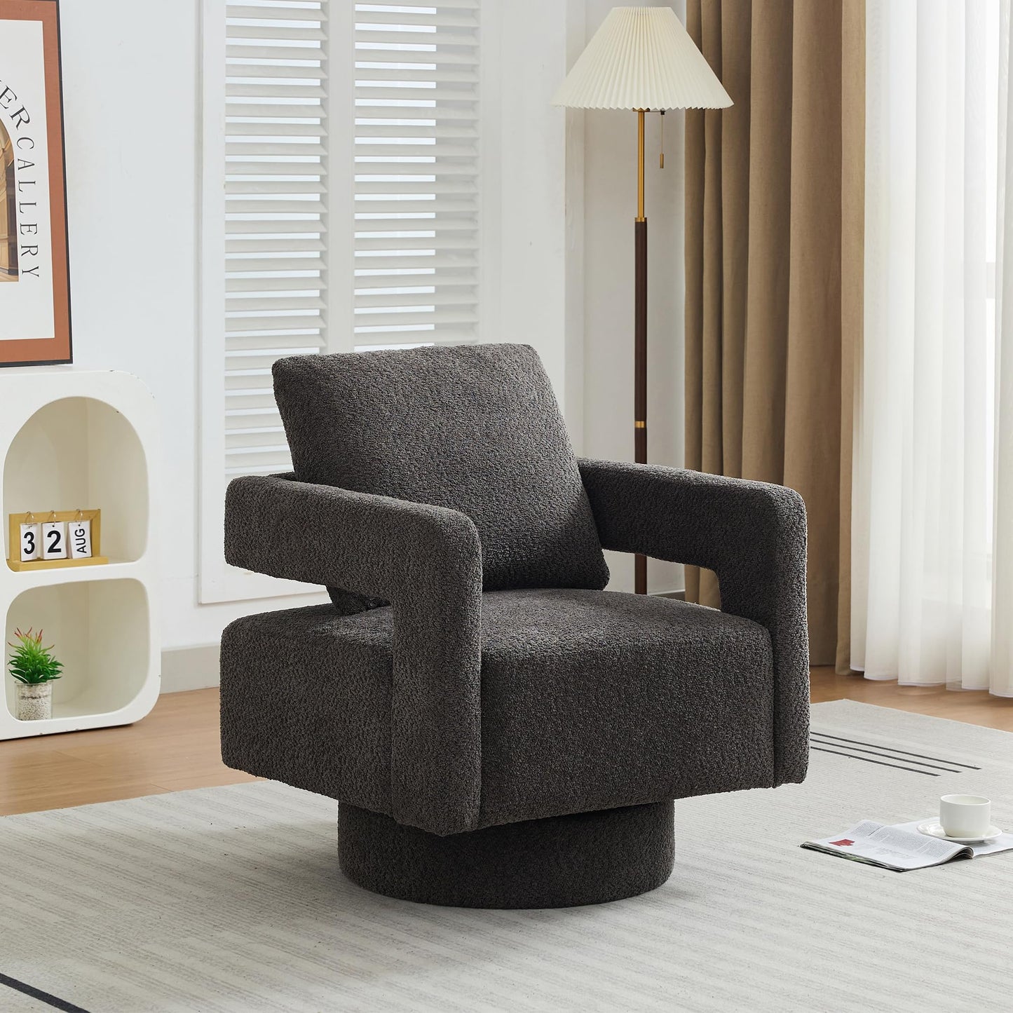 GDFStudio 29.13" Swivel Accent Chair, Modern Boucle Upholstered Armchair with Open Back, 360° Rotating Lounge Club Chair with Removable Cushion for Living Room Bedroom Hotel Office Seating, Charcoal