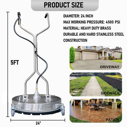 Hourleey 24" Pressure Washer Surface Cleaner with Dual Handles, Stainless Steel Surface Cleaner with 4 Wheels for Driveways, Pathway, Sidewalks, Patios, Decks, 4500 PSI with 3/8" Quick Connector Kit