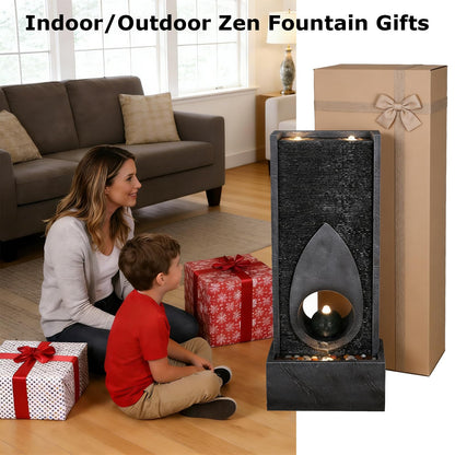 46.5’’Tall Modern Water Fountain Indoor Outdoor Waterfall Feature Floor Standing with Sphere and LED Lights for Garden, Yard, Patio, Deck, Porch, Livingroom Decor