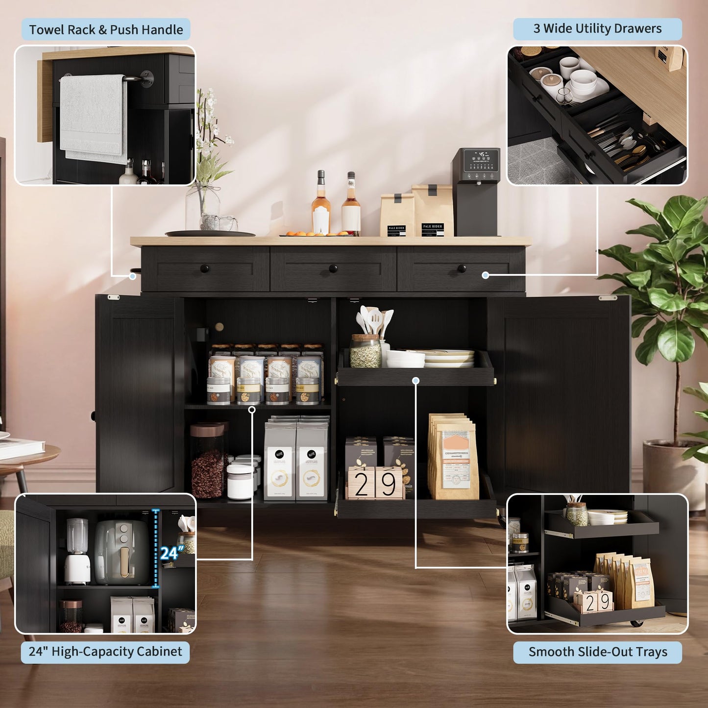 GarveeHome Rolling Kitchen Island with Drop Leaf Countertop, Charging Station & Ample Storage - 47.2 in Mobile Kitchen Cart On Wheels with Pull-Out Shelves, Drawers, Spice Rack & Organizer Divider