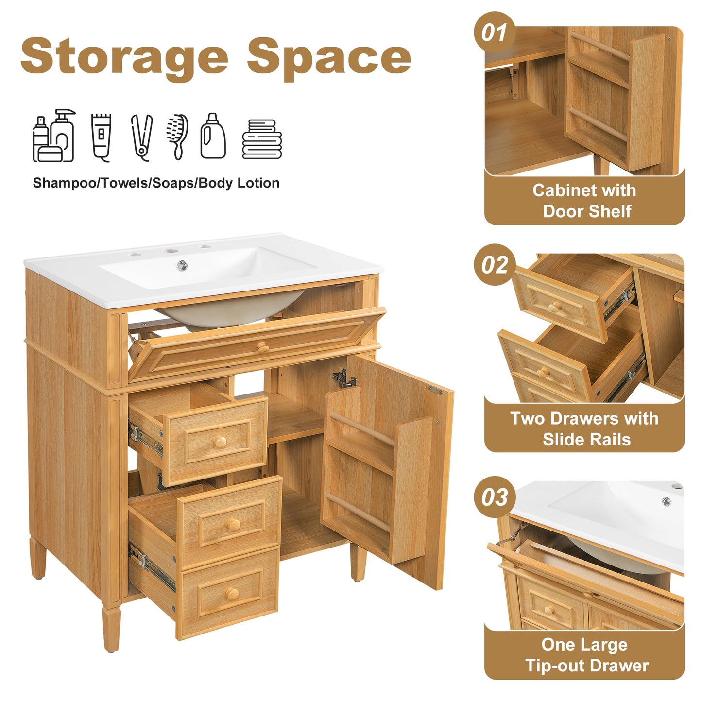 Bathroom Vanity with Sink 30 Inch, Tip-Out Drawer and Door Rack, Adjustable Shelf, Soft-Closing System, Solid Wood Legs, Wood