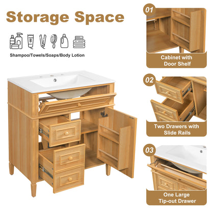 Bathroom Vanity with Sink 30 Inch, Tip-Out Drawer and Door Rack, Adjustable Shelf, Soft-Closing System, Solid Wood Legs, Wood