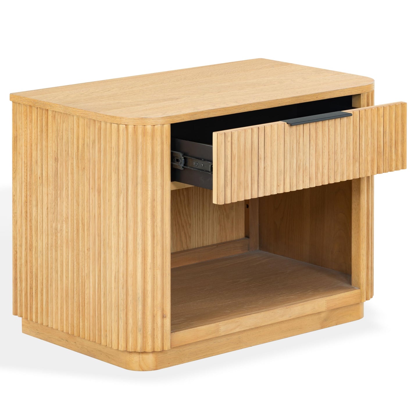 SAFAVIEH Couture Collection – Barrymore Greige Oak Reeded Wood Nightstand, 1 Drawer Bedside Table with Open Shelf, Fully Assembled (SFV2224A)