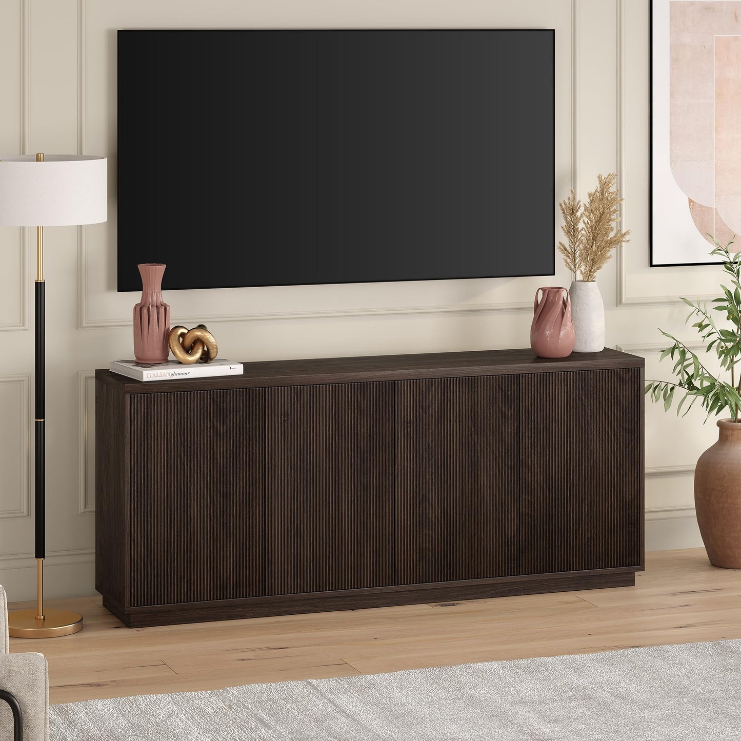 Henn&Hart 68" Fluted Sideboard Buffet Cabinet, Modern Ribbed Wooden Credenza with 4 Doors, Adjustable Shelves, and Cable Management Cut-Outs for Dining Room, Living Room or Entryway, Rich Brown