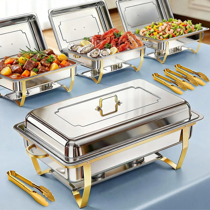 POWERFUEL Chafing Dishes for Buffet, 4 Pack 9QT Large Full Size Gold Chafing Dish Set, Rectangular Chafing Pans with 4 Gold Tongs, Stainless Steel Food Warmer for Party, Catering, Wedding