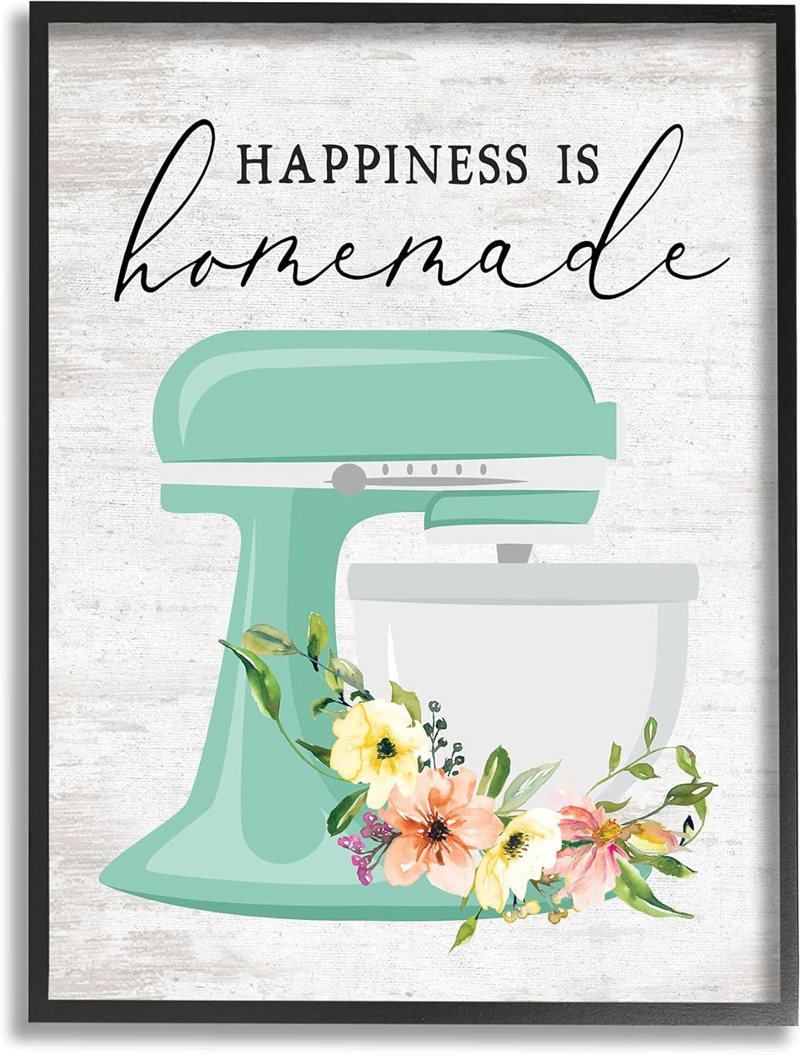 Stupell Industries Happiness is Homemade Phrase Floral Kitchen Stand Mixer Wall Art, 11 x 14, Multi-Color, Black Framed