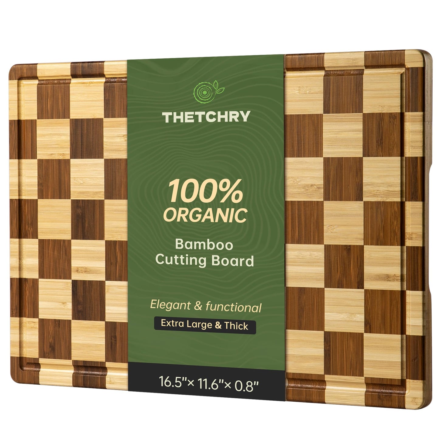 THETCHRY Checkered Bamboo Cutting Board, Thick End-Grain Wood Cutting Boards for the Kitchen, Chopping Boards with Juice Groove, Non-Slip, Durable & Crack-Resistant, Perfect Gifts 16.5” x 11.6” x 0.8”