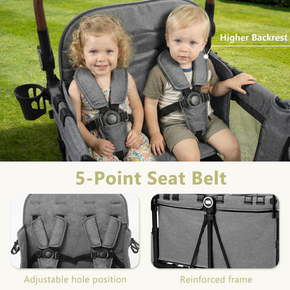 Kinder King Wagon Stroller for 4 Kids, All-Terrain Foldable Outdoor Stroller Wagon 4 Seater, Removable Canopy, Adjustable Handle, Detachable Tray, Large Storage, Grey