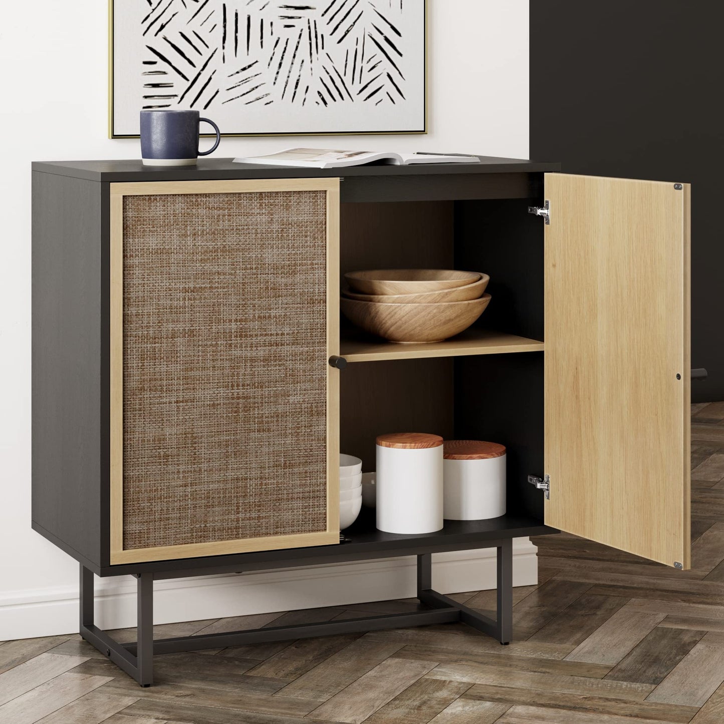 Nathan James Kova Rattan Wood Accent Sideboard Storage Cabinet TV Stand with Matte Metal Frame, Adjustable Shelves and Cane Doors, for Hallway, Entryway or Living Room, Black Oak/Cane, Set of 2