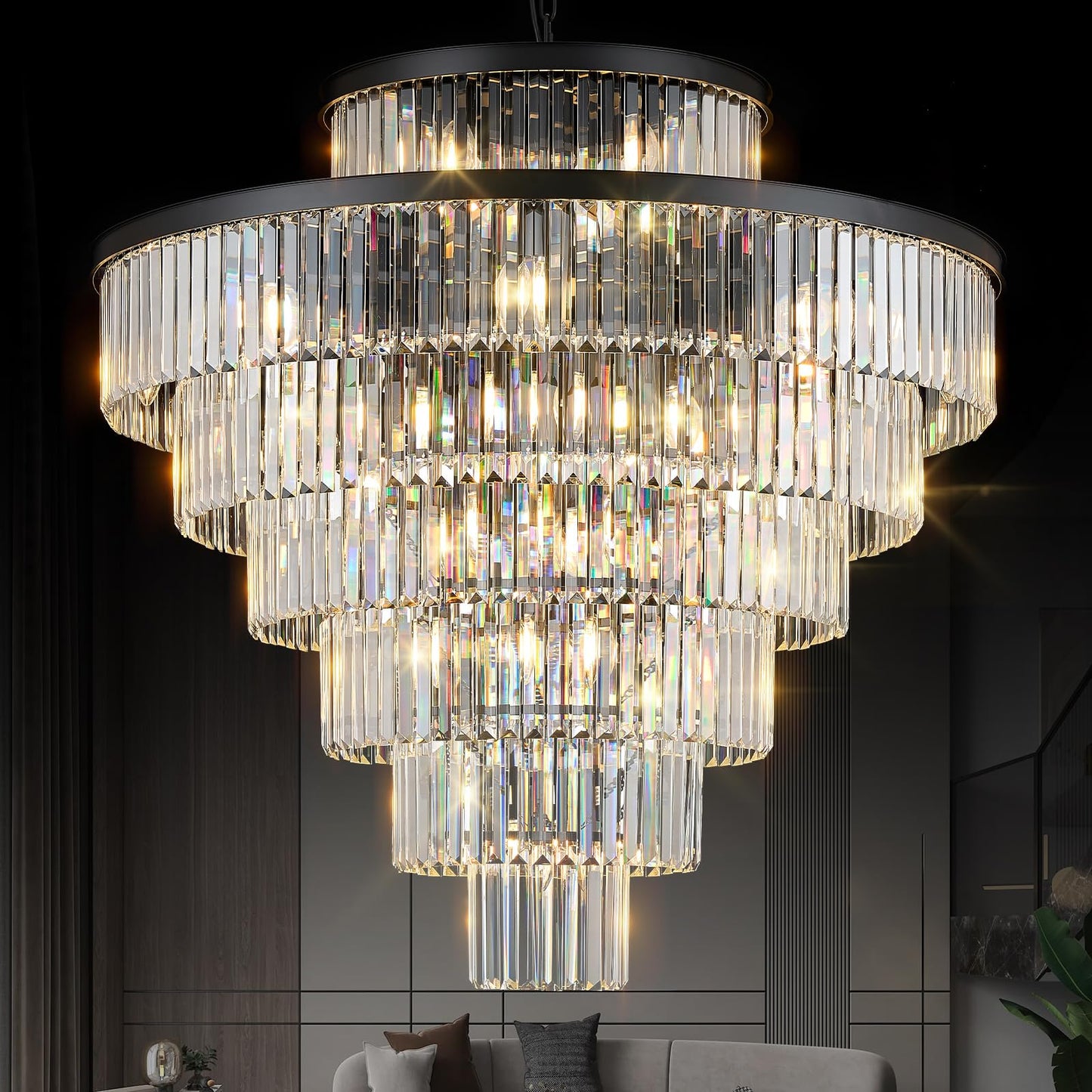 MERINEA Large 40" Black Crystal Chandelier 28 Lights Modern Round Chandeliers for Staircase Luxury 7-Tier K9 Crystal Ceiling Pendant Light Fixture for High Ceiling Living Room Foyer