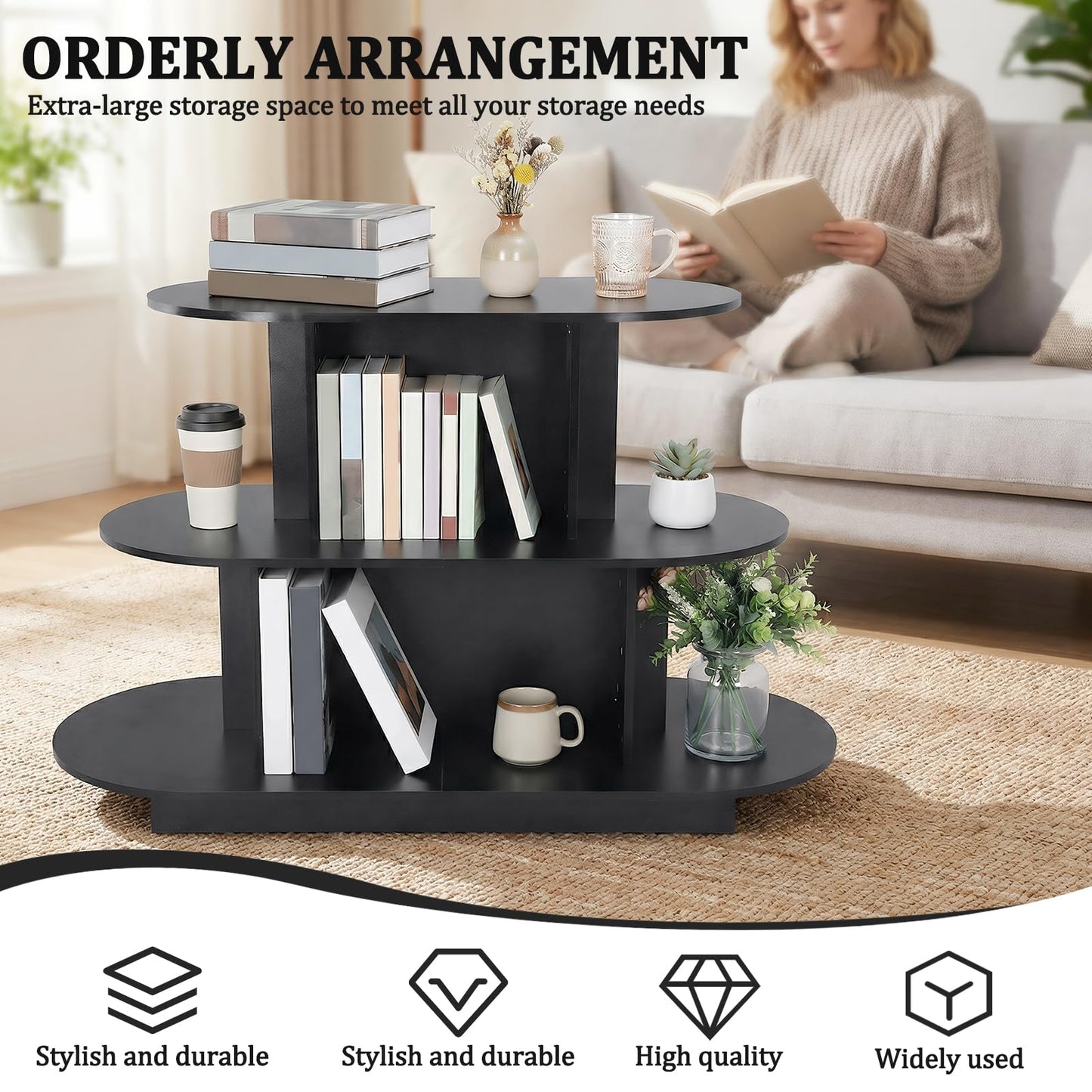 FASDRESS 3 Tier Wooden Oval Display Table Modern Standing Display Riser Shelf Retail Table for Stores Vendor Events 55in W x 23.6in D x 35in H (Black)