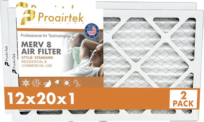 Proairtek AF12201M08SWH Model 12x20x1 Pack of 2 Air Filters, MERV 8 for Clean Air in Home