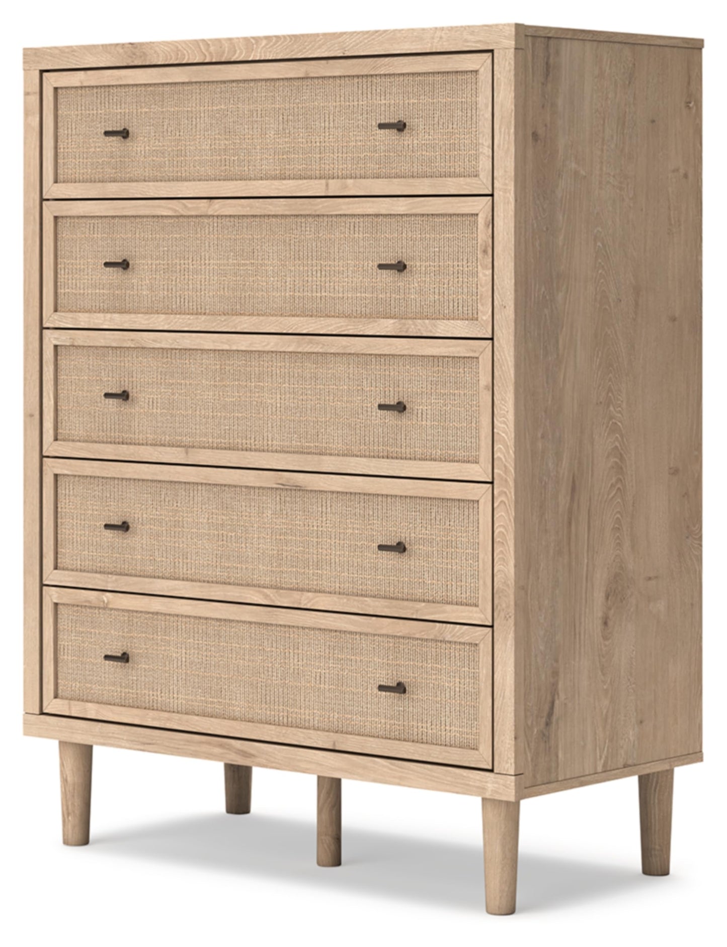 Signature Design by Ashley Cielden Contemporary Chest of Drawers with Textured Cane Details and 5 Drawers, Bronze Knobs, Wood, 52.48" High, Light Brown