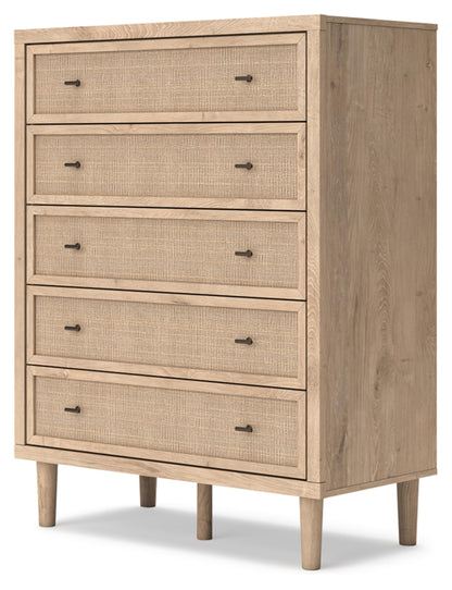Signature Design by Ashley Cielden Contemporary Chest of Drawers with Textured Cane Details and 5 Drawers, Bronze Knobs, Wood, 52.48" High, Light Brown