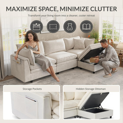 Attalee 113.4'' Modular Sectional Couches for Living Room with Storage Ottoman, Modern Comfy Deep Seat Sleeper Upholstered Cloud Couch Sofa, Oversized 4-Seat L Shaped Couch with Throw Pillows, Beige