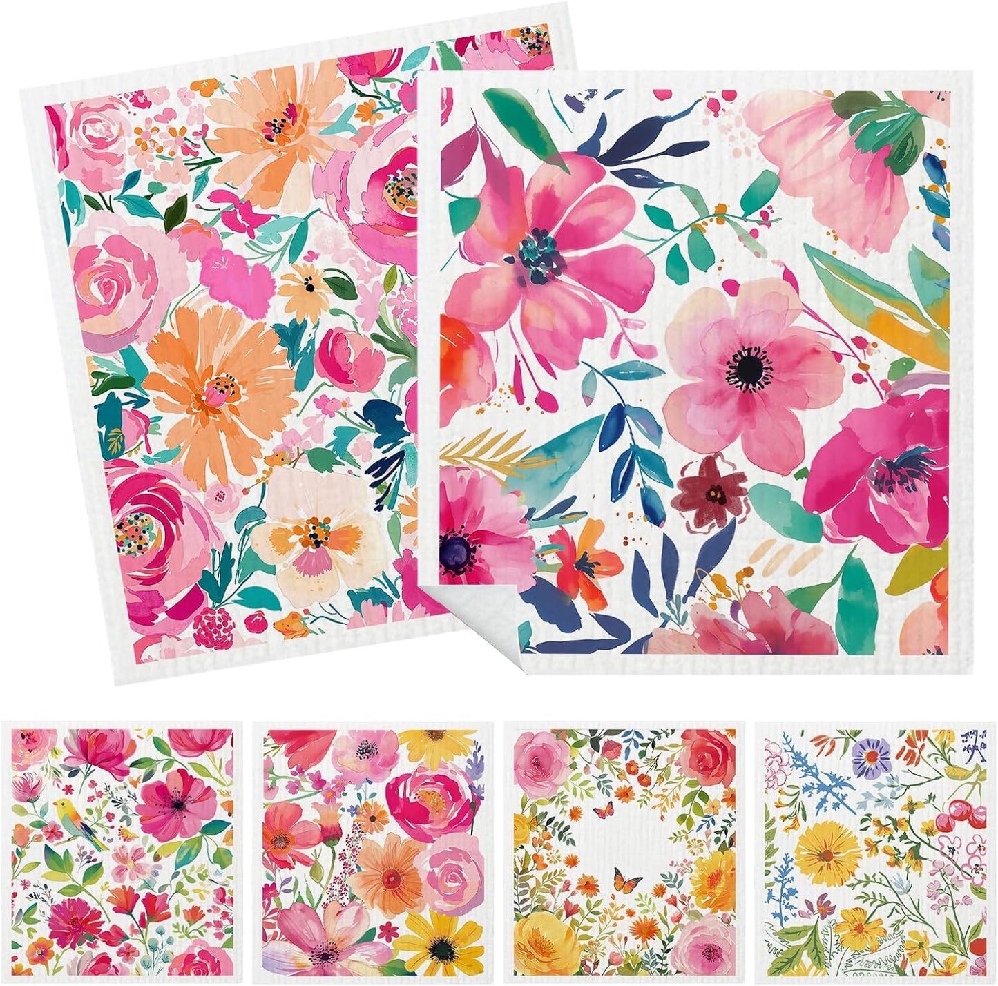 6 Pack, Mixed Flowers Swedish Kitchen Dishcloths Dish Towels Flowers Dish Towels for Kitchen, Swedish Dishcloth