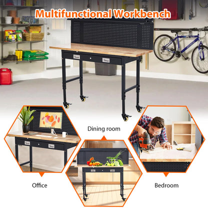 ACONEE 60" Adjustable Workbench with Drawer Storage, Heavy-Duty Worktable with Pegboard & Power Outlet, Solid Steel Frame, 2000LBs Load Capacity Rubber Wood Top Workbench for Garage, Office, Workshop