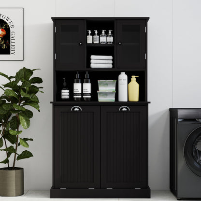 Sang Seiyoga Tilt Out Laundry Hamper Cabinet, Double Compartment Sorter Tall Organizer with 2 Adjustable Shelves & Top Shelf, Space Efficient for Bathroom/Dorm, Easy Clean Interior Black
