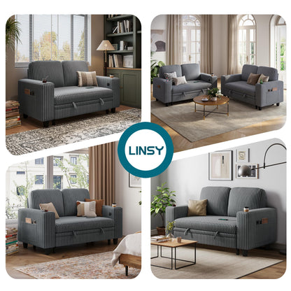 LINSY HOME Sectional Sleeper Sofa Pull Out Couches for Living Room (Grey, Pull Out Couch) | Pull Out Sofa Bed, Storage, USB Charging, Cup Holders, Plush Corduroy