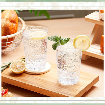 Acellegic Plastic Vintage Drinking Glasses - 16 oz Stemless Ribbed Highball Glasses Bulk Embossed Reusable Cups for Water Beer Cocktails Juice Wedding Bridal Shower Birthday Event Party(Clear,24 Pcs)