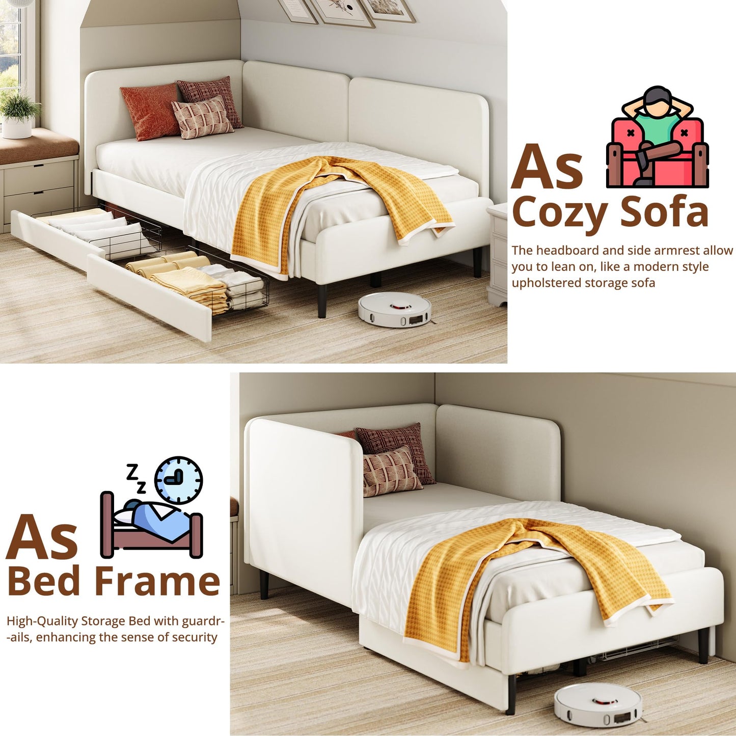 LIKIMIO Twin Daybed with Headboard, Corner Bed Frame with Bed Rails and Storage Drawers, Solid Support, for Bedroom Guest Room, Cream