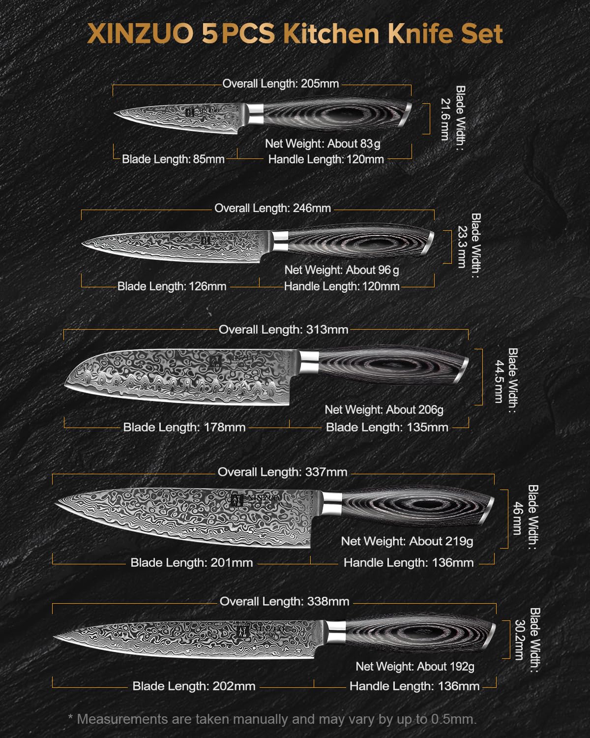 XINZUO 5-Piece Kitchen Knife,Super Sharp Damascus Steel Professional Chef Knife Set with Pakkawood Handle, Gift Box