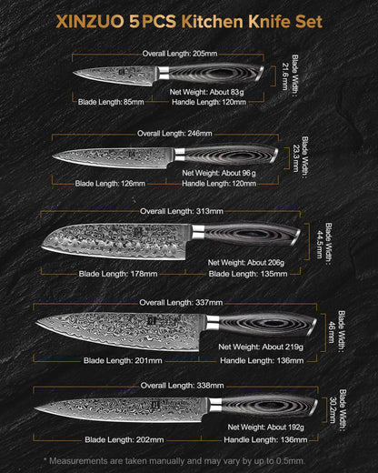 XINZUO 5-Piece Kitchen Knife,Super Sharp Damascus Steel Professional Chef Knife Set with Pakkawood Handle, Gift Box