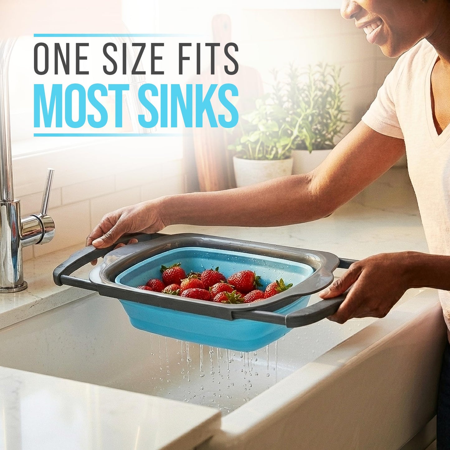 Comfify XL Large Kitchen Strainer - Collapsible Silicone Over - The-Sink Colander with Extendable Handles - Use with Pasta, Fruit, Berries & Veggie - 6 Quart - Blue