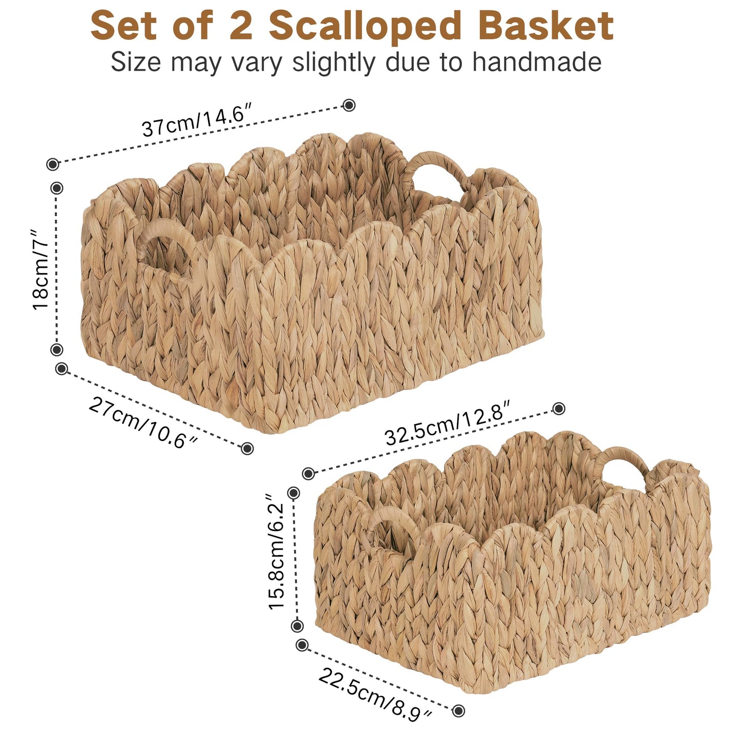 iEGrow Scalloped Wicker Basket, Set of 2 Woven Rattan Natural Water Hyacinth Baskets with Built-in Handles, Rectangle Storage Baskets for Organizing, Decor, Shelf and Nursery Room