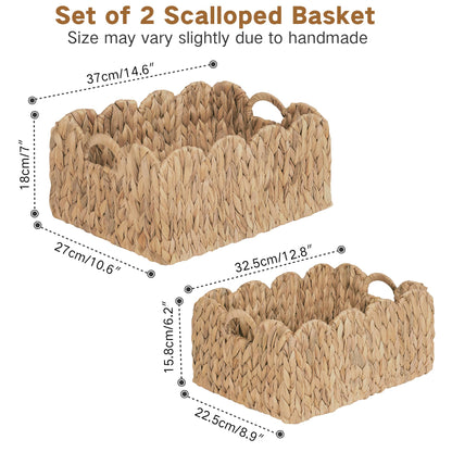 iEGrow Scalloped Wicker Basket, Set of 2 Woven Rattan Natural Water Hyacinth Baskets with Built-in Handles, Rectangle Storage Baskets for Organizing, Decor, Shelf and Nursery Room