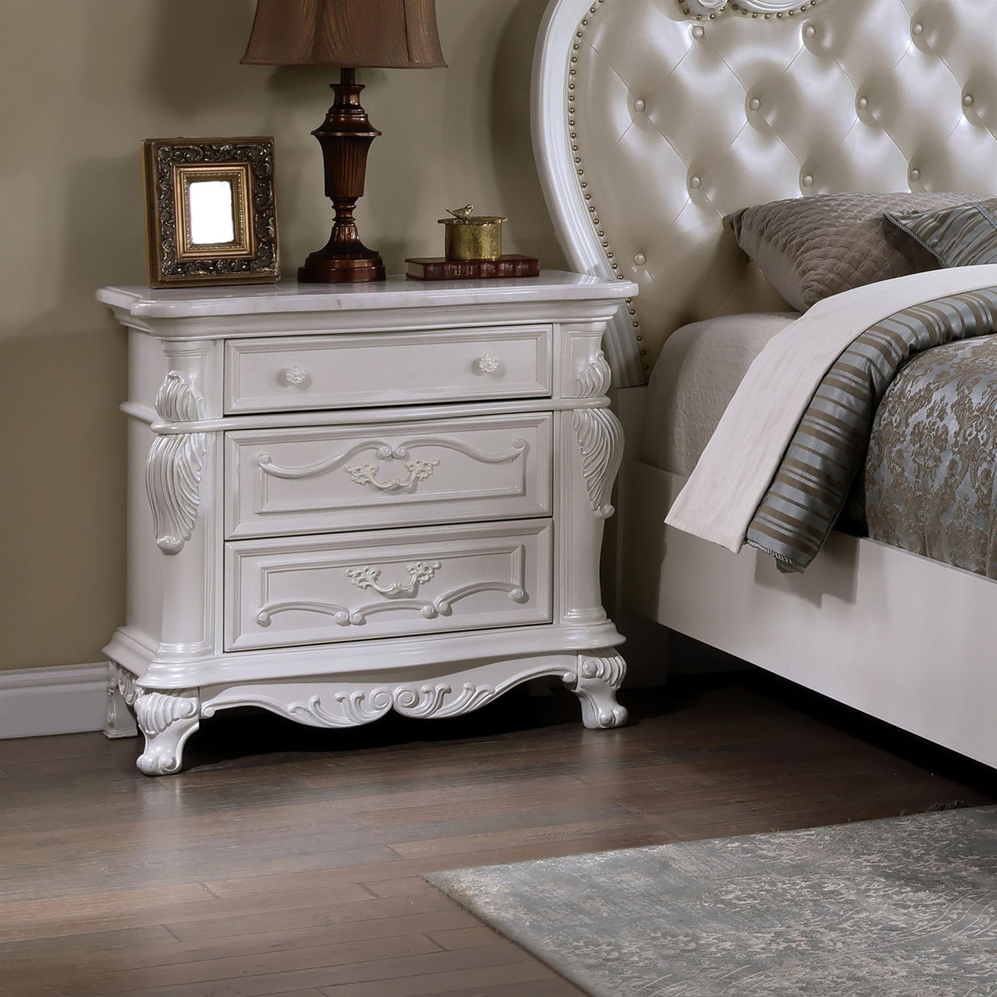 Furniture of America Agatha Traditional Solid Wood Nightstand with Drawers and Stone Top, Small Bedside Table, No Assembly Wooden Night Stand for Bedroom, Guest Room, Dorm, White