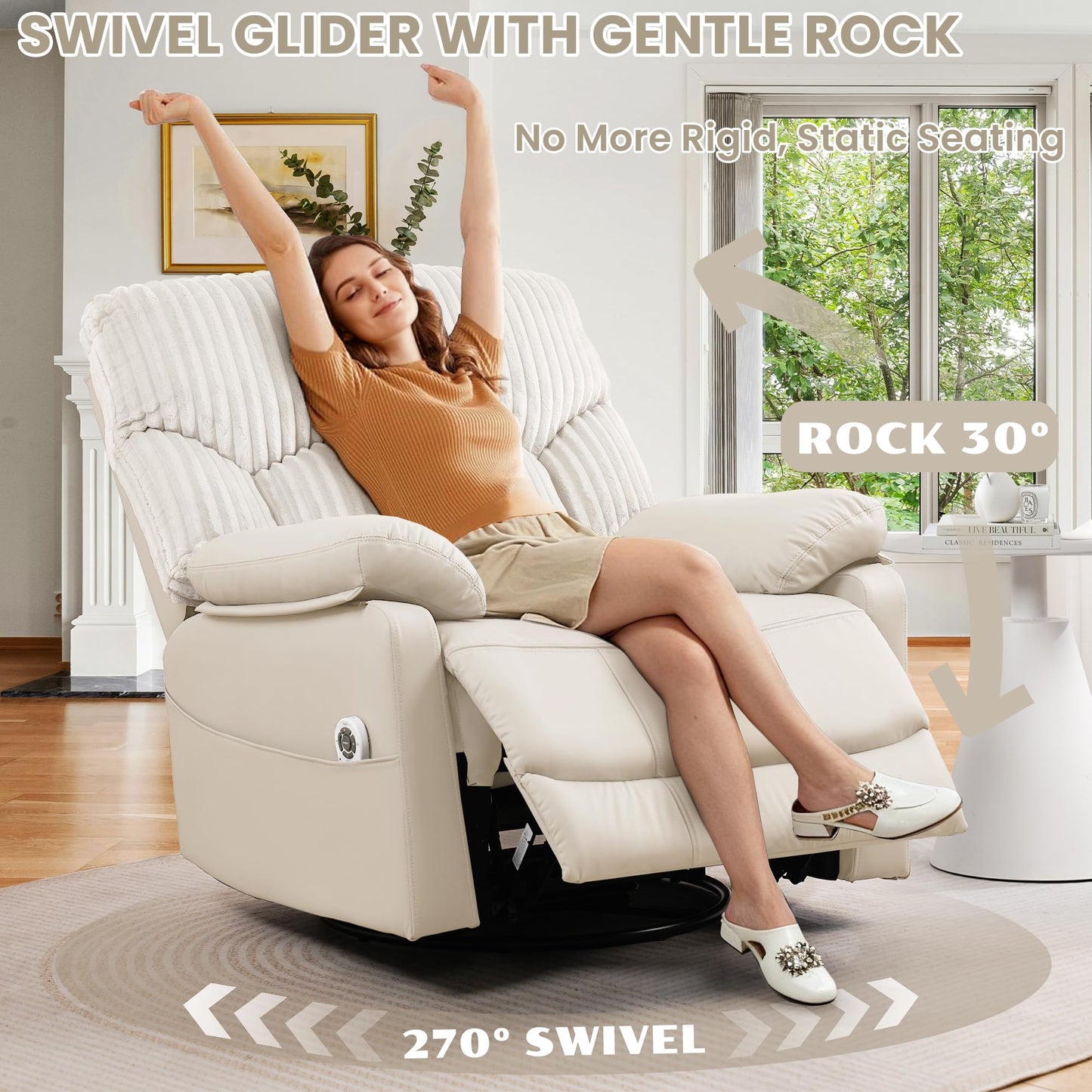GRAINELL Swivel Rocker Recliner Chair with Massage and Heat, USB Charging Port, Infinite Position Power Recliner, Electric Glider Rocking Chairs for Living Room, Nursery (Lvory)