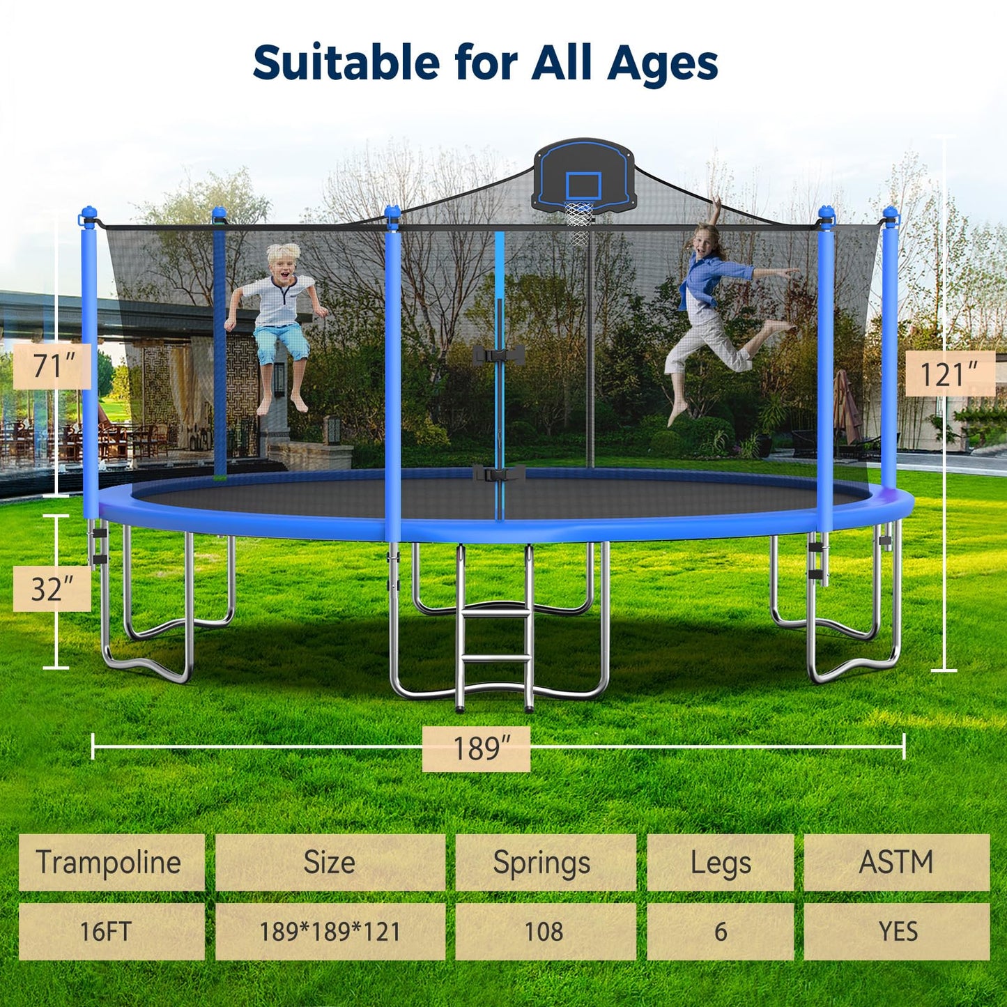 Tatub 16FT Trampoline for Kids and Adults, Outdoor Recreational Trampolines with Basketball Hoop & Enclosure Net, Blue