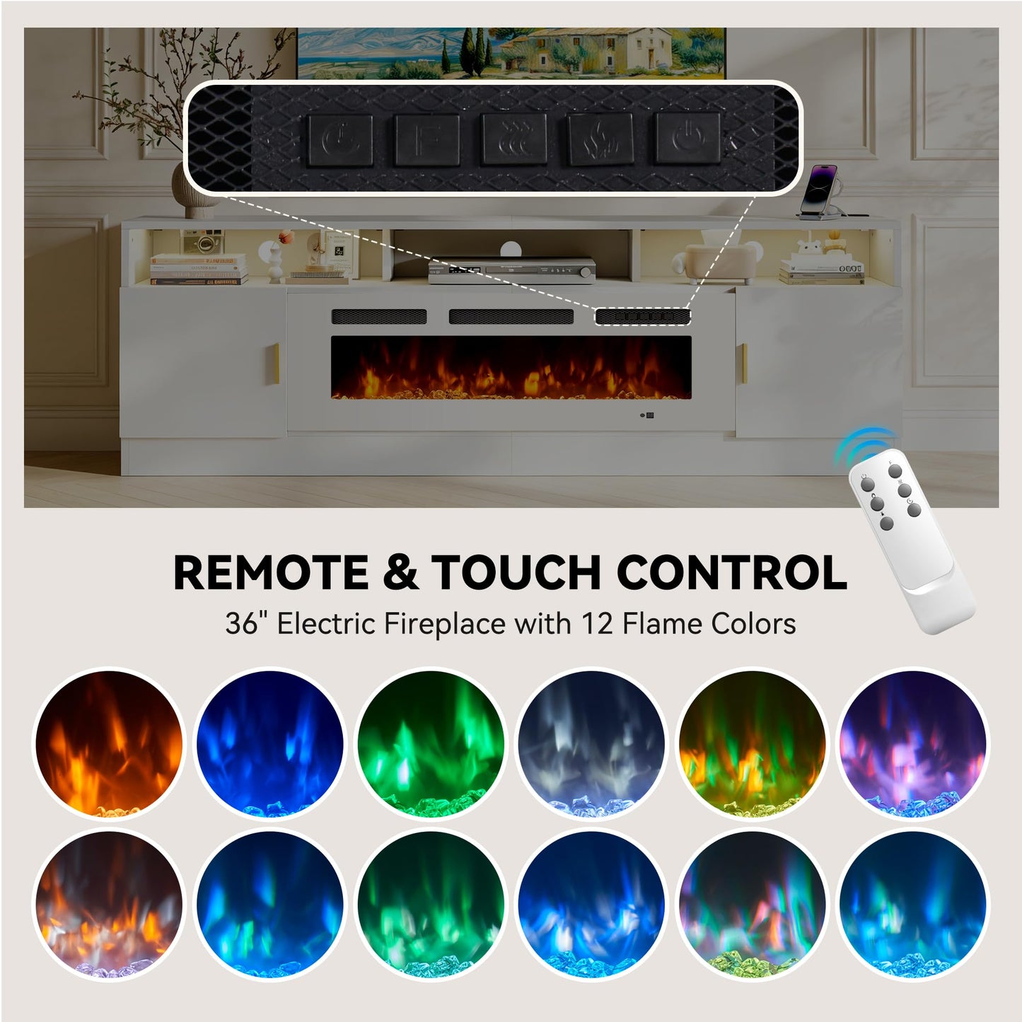 OneBlis 70" Fireplace TV Stand with Power Outlet, Electric Fireplace Entertainment Center with Storage Cabinets, Fits TVs up to 80", TV Console with LED Lights for Living Room, Office, White-White