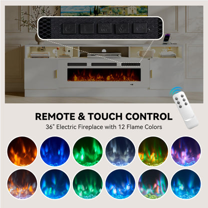 OneBlis 70" Fireplace TV Stand with Power Outlet, Electric Fireplace Entertainment Center with Storage Cabinets, Fits TVs up to 80", TV Console with LED Lights for Living Room, Office, White-White