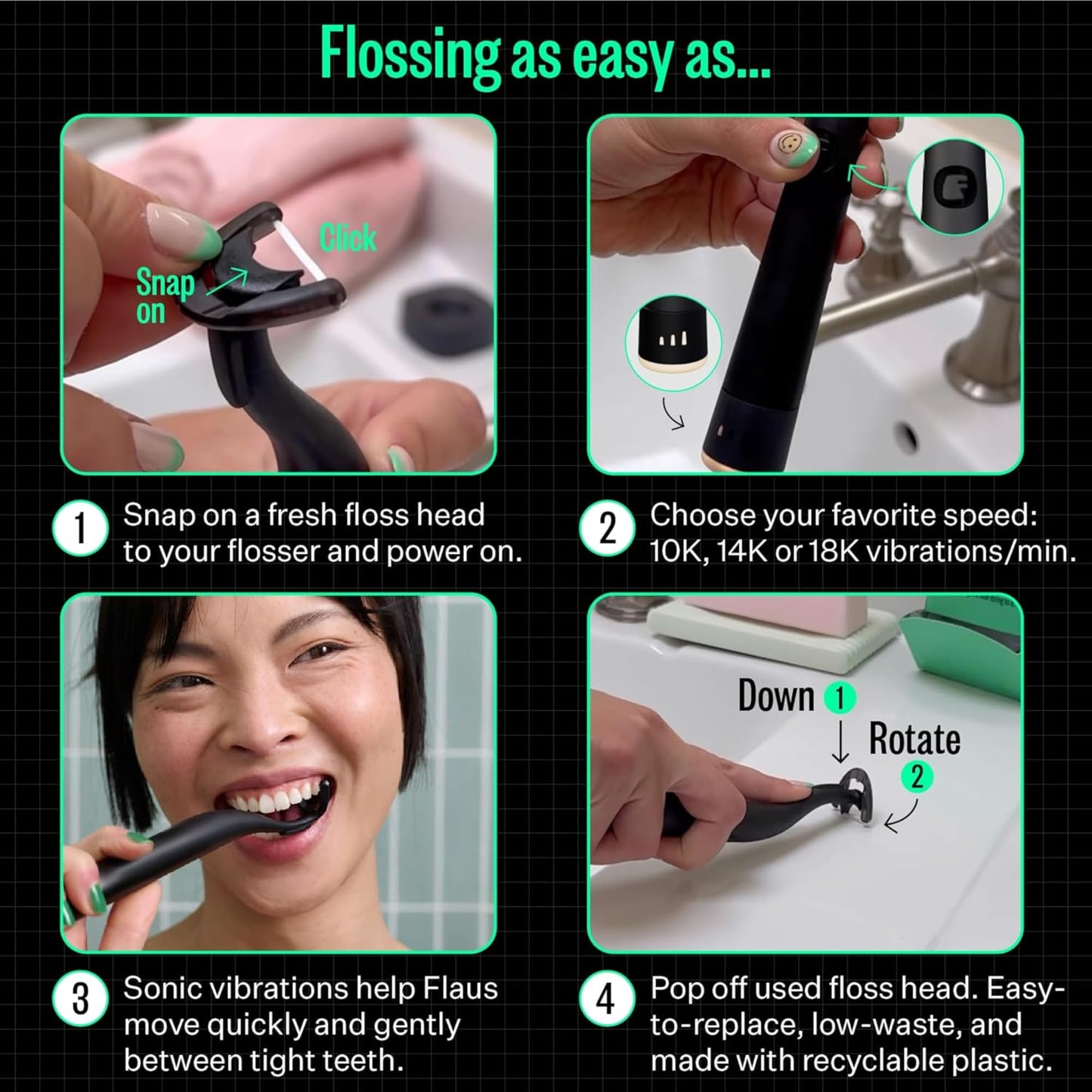 FLAUS Electric Flosser (Shark Tank) 3 Speeds + 45 Refill Heads w/Extra Strong Woven Floss, Increased Durability - Water Flosser Alternative, Dentist Recommended Tooth Flossers, Eco Dental Floss Picks
