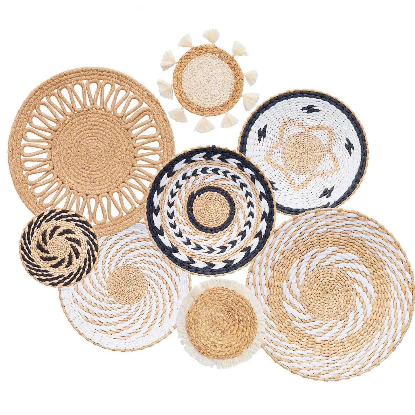 8 Pack Boho Wall Decor, 12 Inch Wall Basket Decor Round Handmade Hanging, Rattan Woven Wall Basket Decor for Living room, Rustic Flat Elegant, Farmhouse, Bedrooms, Table Settings, Kitchen Home
