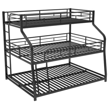 Bellemave Heavy Duty Triple Bunk Bed for Multiple Kids,Twin XL Over Full XL Over Queen Size Triple Bunk Bed with Long and Short Ladder for 3 Kids,Unique Curved Metal Frame,Black