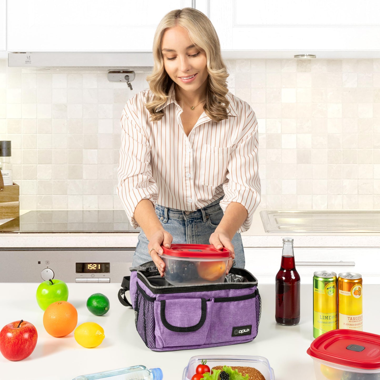 opux Lunch Bag Women Insulated, Adult Lunch Box Cooler, Lunch Box for Men, Dual Compartment Lunchbox for Work, Leakproof Double Decker Lunch Bag, Soft Lunch Pail Tote Girls Boys Kids School, Purple