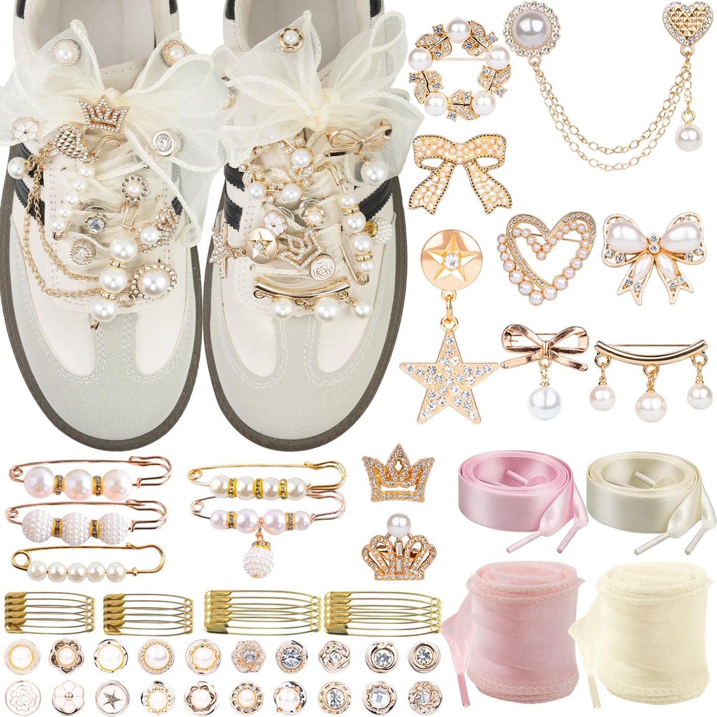DoDoBeads 68 Pcs Shoe Charms for Sneakers, Elegant Sneaker Charms Kit with Pearls, Crowns, Ribbons & Satin/Lace Shoelaces, Sock Charm for Women, DIY Shoe Lace Decorations