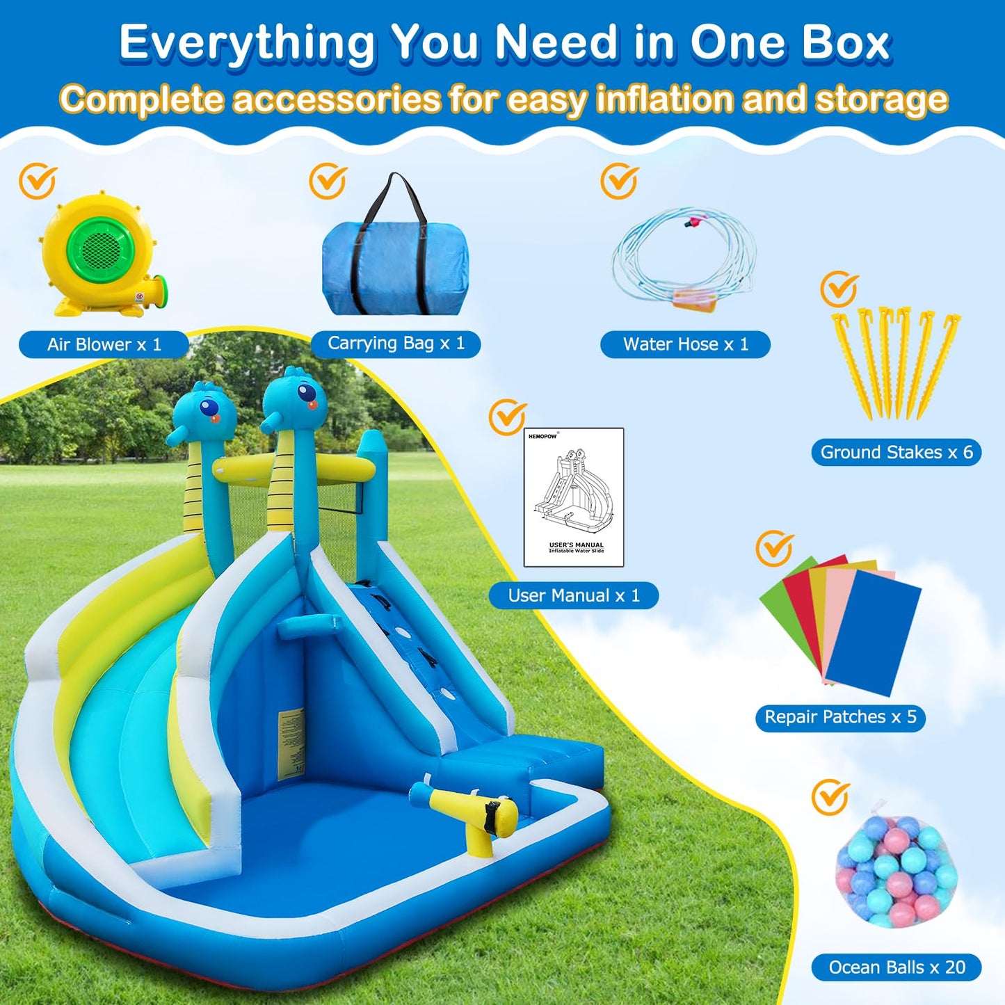 Seahorse Inflatable Water Slide for Kids Backyard | 5-in-1 Blow Up Splash Park with Climbing Wall, WaterSlide, Water Cannon, Basketball Hoop & 480W Blower| Indoor/Outdoor Toys for Ages 3+