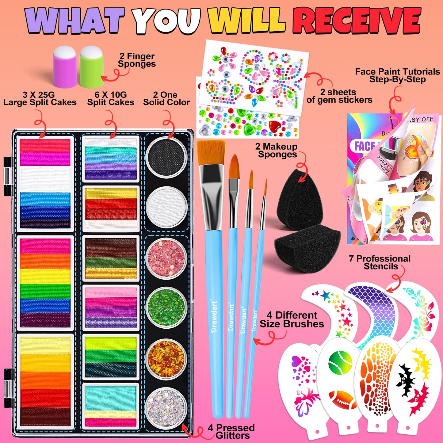 Drawdart Professional Face Painting Kit for Kids Adults, Large Split Cake Face Paint Palette with Glitters, One Stroke Non-Toxic Rainbow Face Body Makeup Kit for Festival, Party & Cosplay Makeup