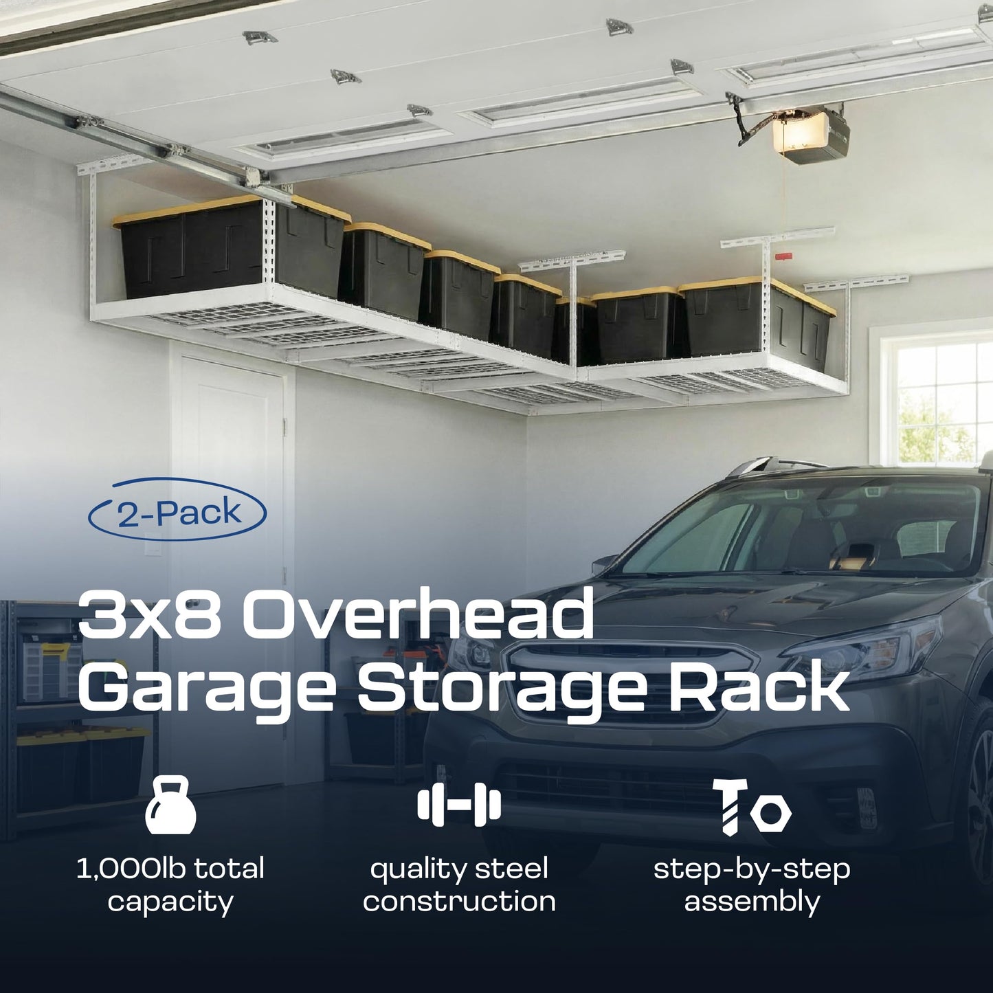 MonsterRax Overhead Garage Storage Racks 3x8’ (2-Pack) Ceiling Mounted Shelving, Adjustable Hanging Organizer, Heavy Duty Steel, Holds 500 Pounds, Color: White, Adjustable from 24"-45" off the Ceiling