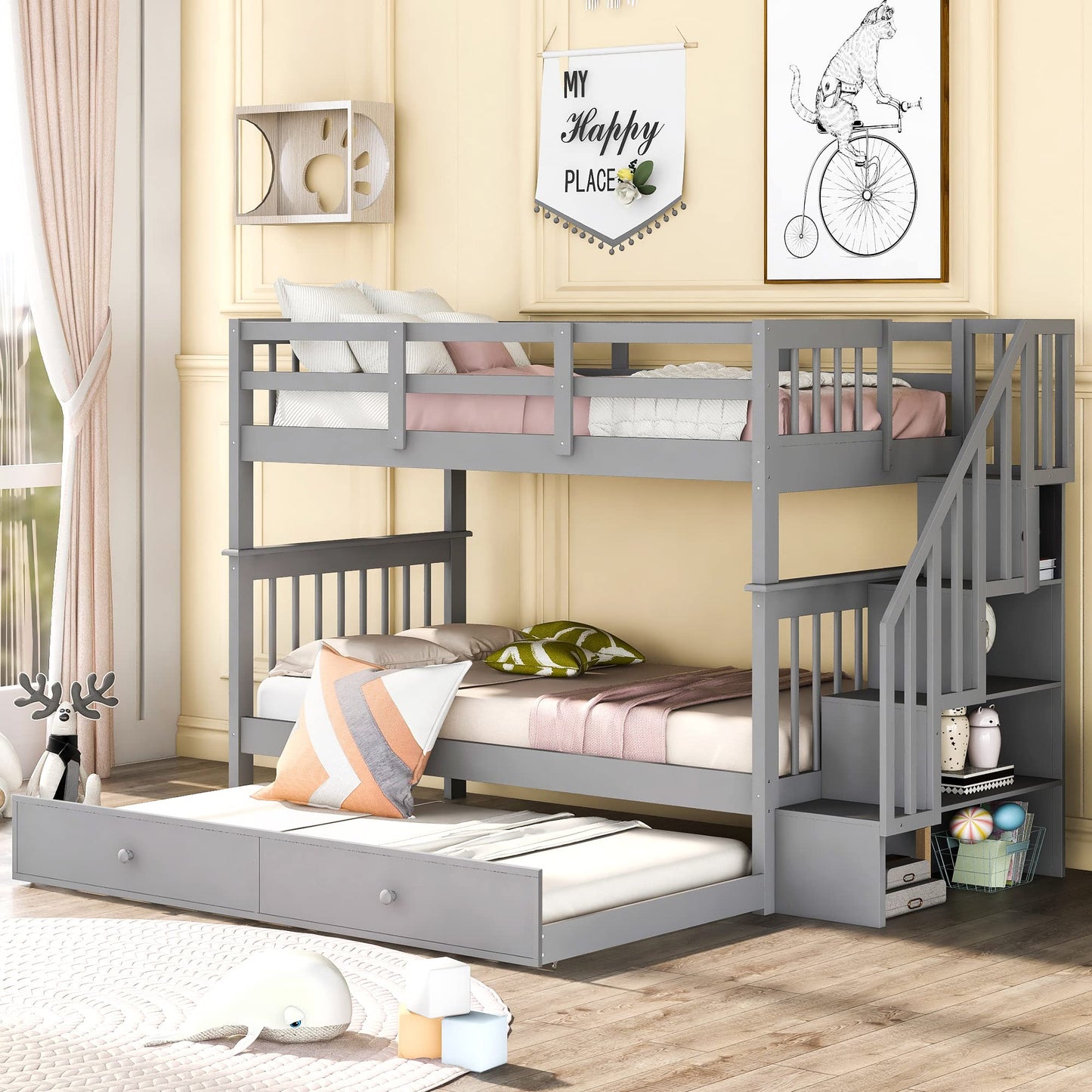Merax Twin-Over-Twin Bunk Bed with Twin Size Trundle, Soild Wood Stairway Bunk Bed with Storage and Guard Rail for Teens, Adults, Gray