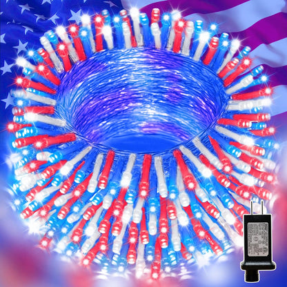 33ft 100 4th 16 LAMPHOME Red White Blue String Lights, LED of July Patriotic Fairy Lights Plug in, Lighting Modes
