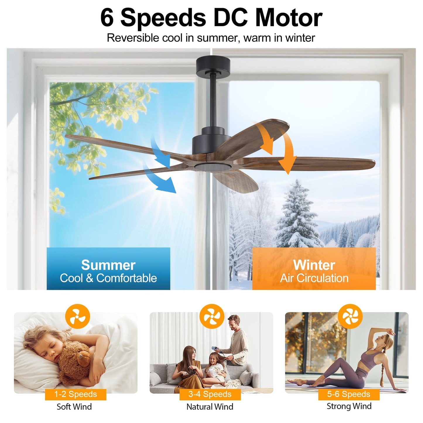 WINGBO 54 Inch Ceiling Fan without Light - 5 Carved Solid Wood Blades, 6-Speed Reversible DC Motor, Noiseless Remote Control Ceiling Fan No Light for Bedroom Living Room Kitchen, Black and Walnut