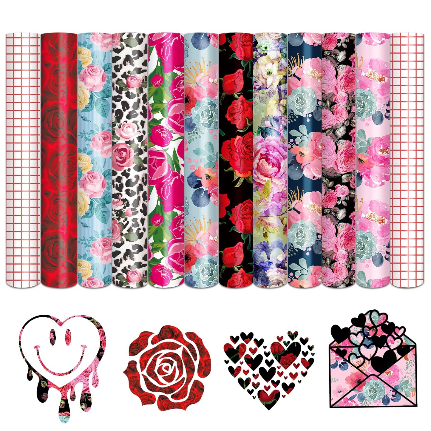 Tintnut Permanent Vinyl - 10 Sheets 12"x10", Flower Permanent Adhesive Vinyl Sheets, Rose Floral Patterned Permanent Adhesive Vinyl for Cutting Machine,Home Decor Self Sticker