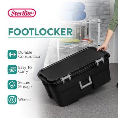 Sterilite 4 Pack Wheeled Footlocker, 22 Gallon Plastic Storage Container with Latching Lid and Handles, Black - Large Stackable Bin Home Organizer